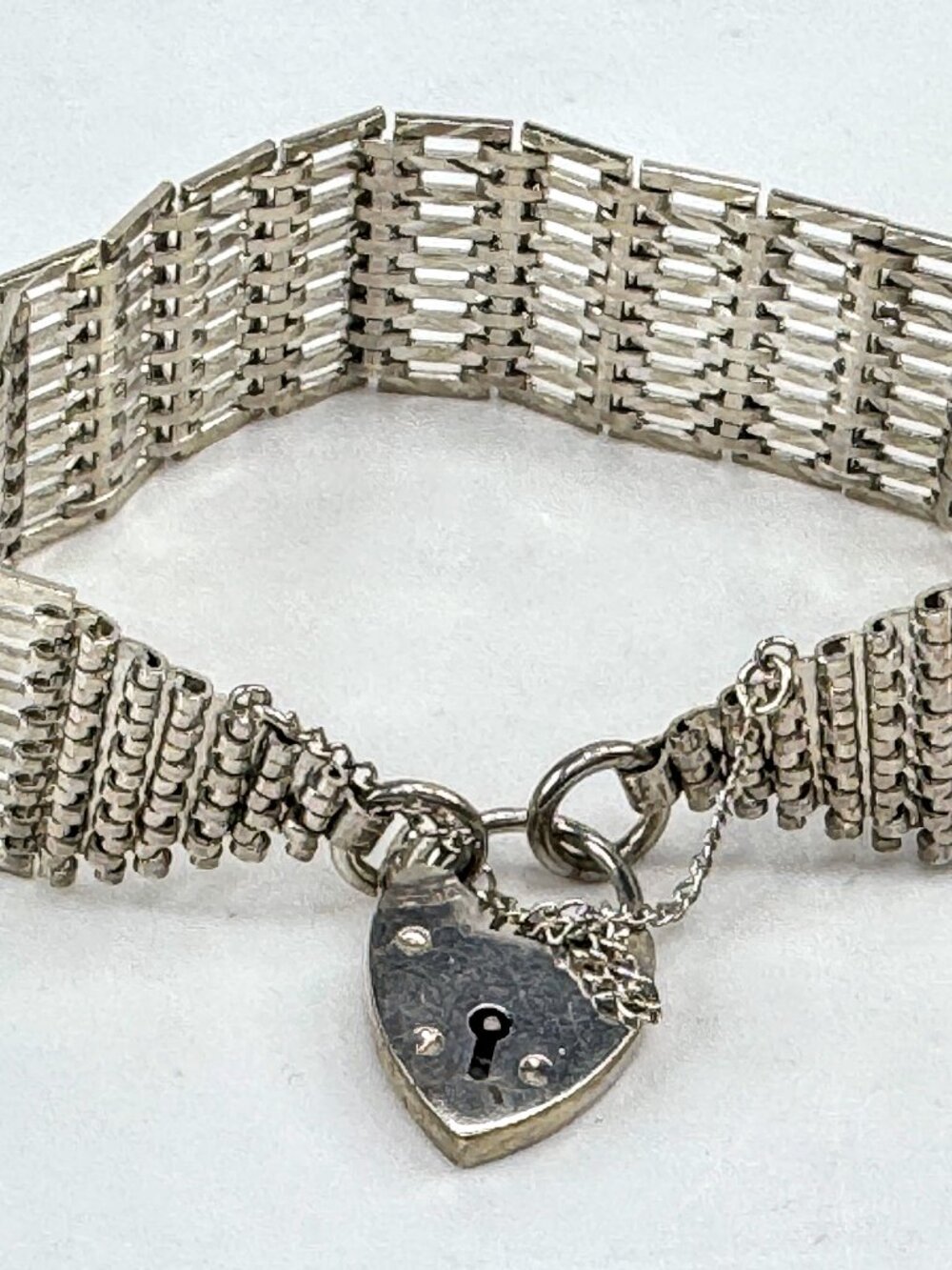 Vintage English Sterling Silver Wide Mesh Gate Bracelet with Heart PadlockJR1823